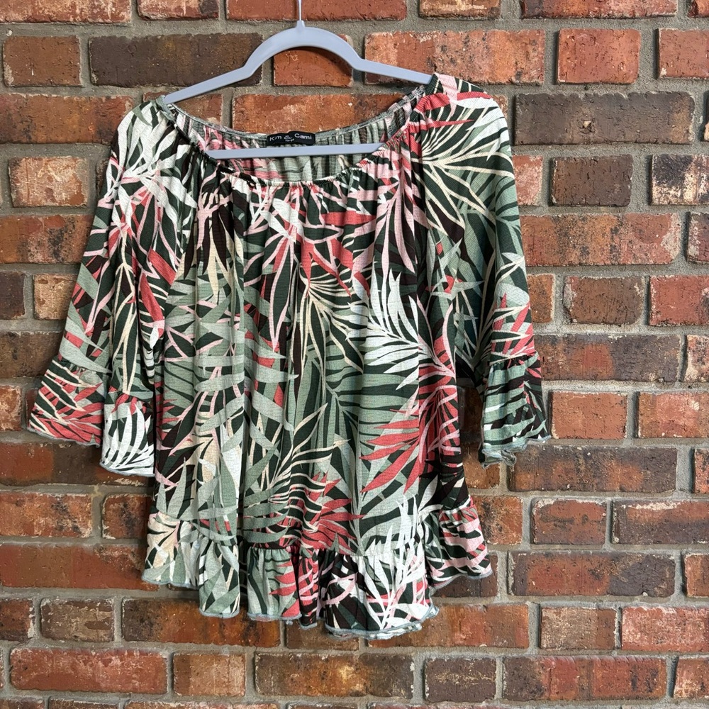 Kim & Cami womens floral off the shoulder ruffle sleeve hem tropical top green L